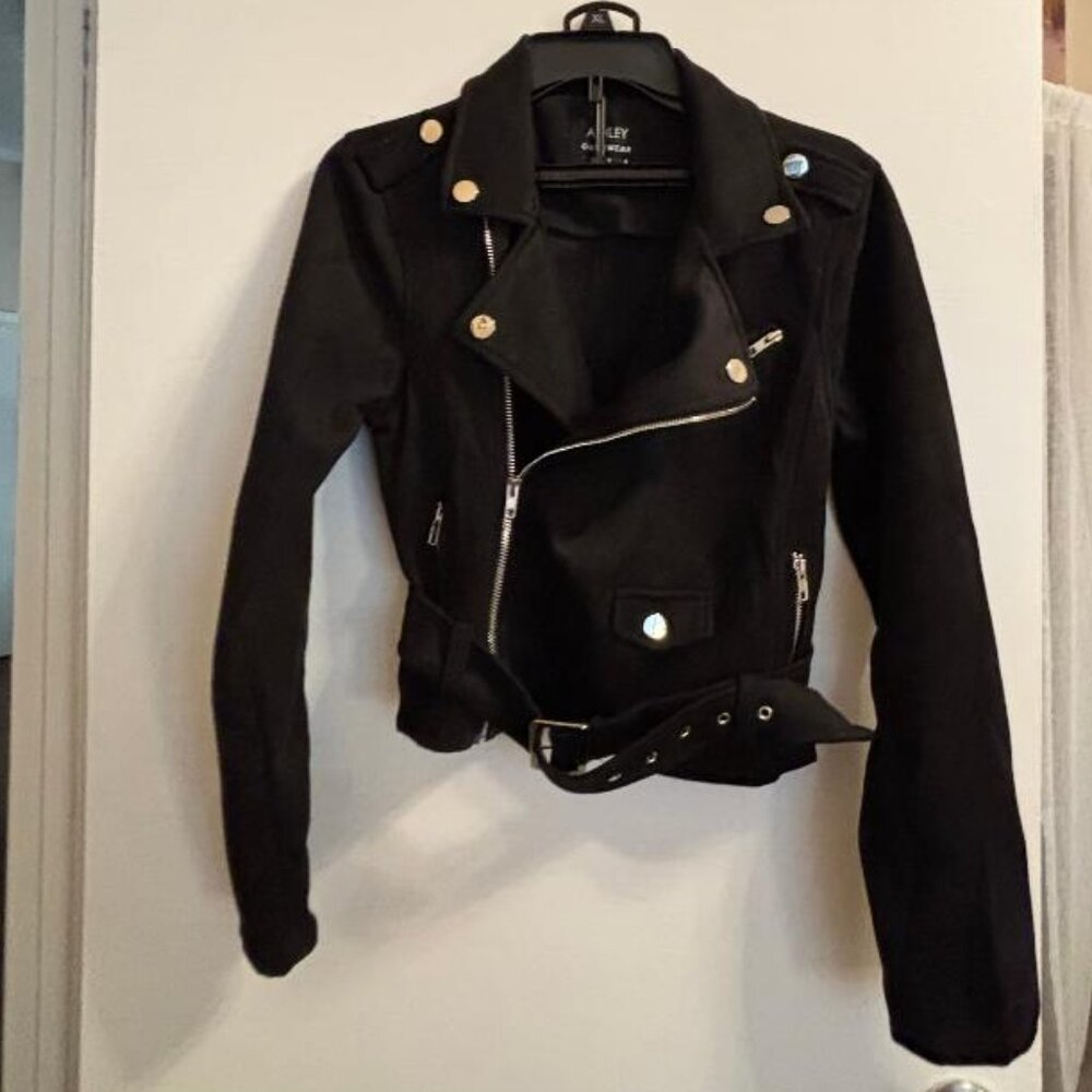 ASHLEY Outerwear Cropped Faux Suede Moto Biker Jacket Black M